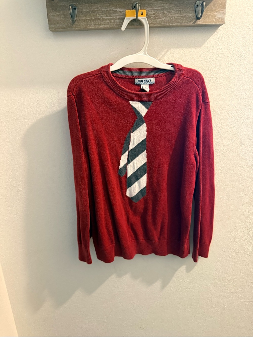 Old Navy Red Crewneck Sweater with Striped Tie Graphic